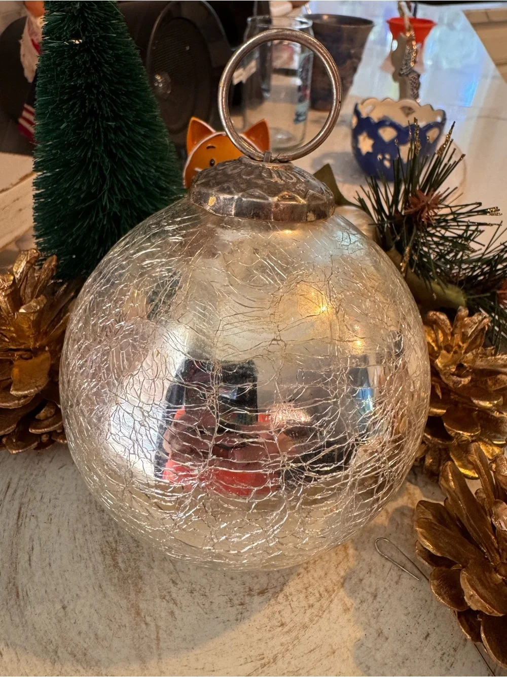 🎄Set of 2 Kugel Style Heavy Blown Crackle Glass Ornaments Gold & Silver Lot